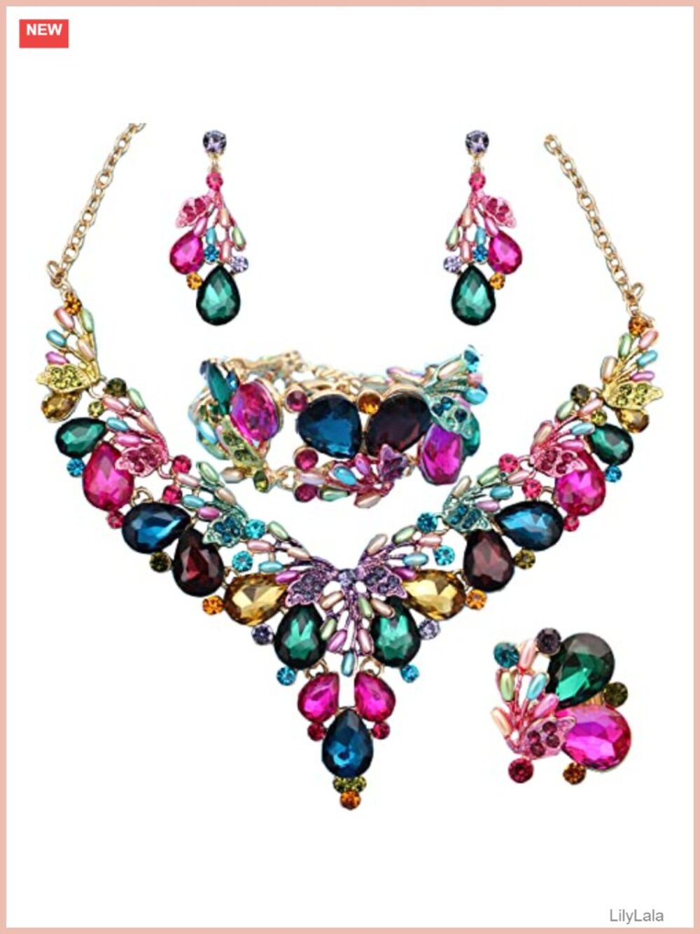 14k Gold Plated Austrian Crystal Pearl Jewelry Set Necklace Earrings Bracelet